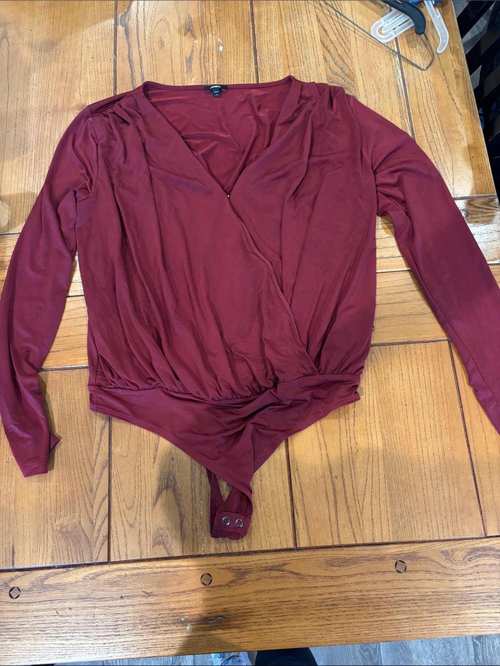 Express Wine Wrap-Front Long Sleeve Bodysuit